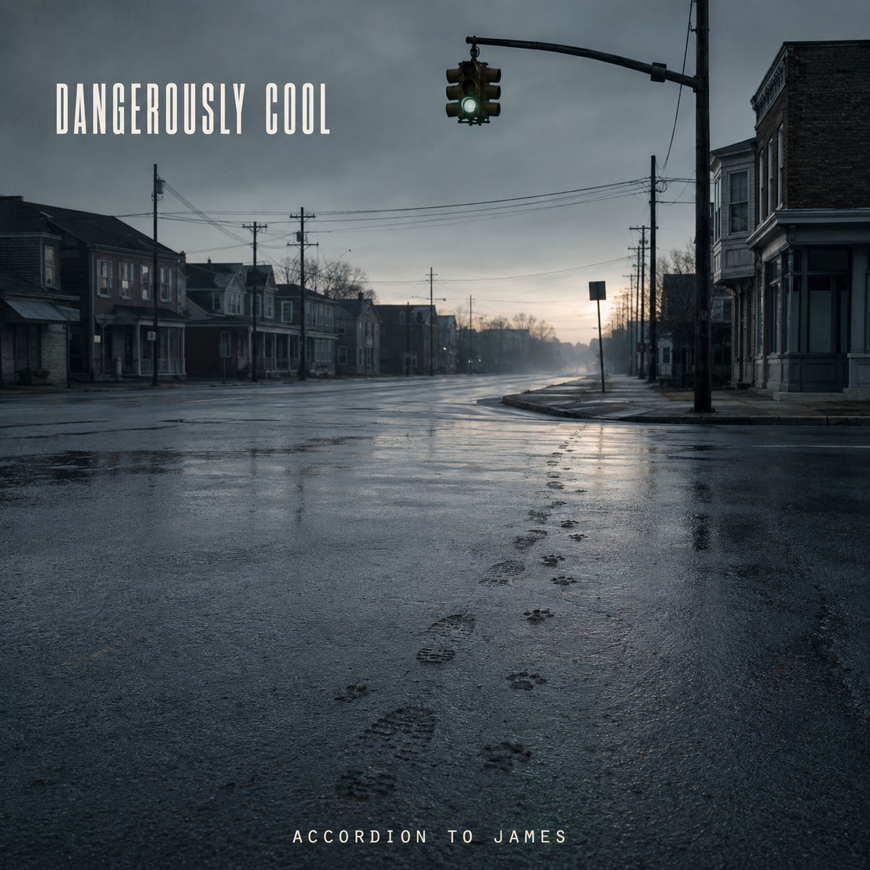 Dangerously Cool album cover: a wet Pennsylvania intersection at gray dawn marked by boot and dog-paw prints