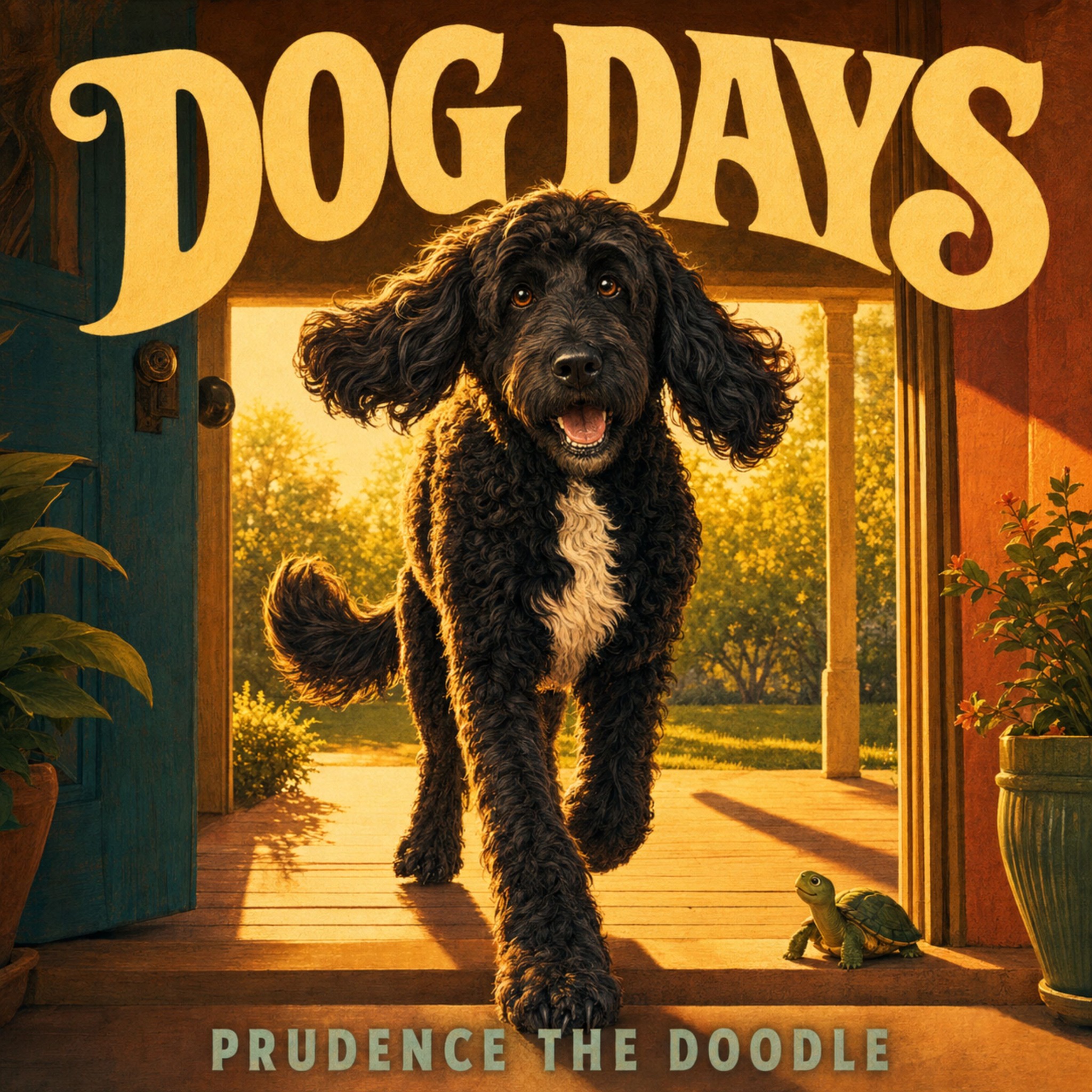 DOG DAYS album cover: Prudence The Doodle bounds through a sunlit doorway with Mr. Turtle beside her