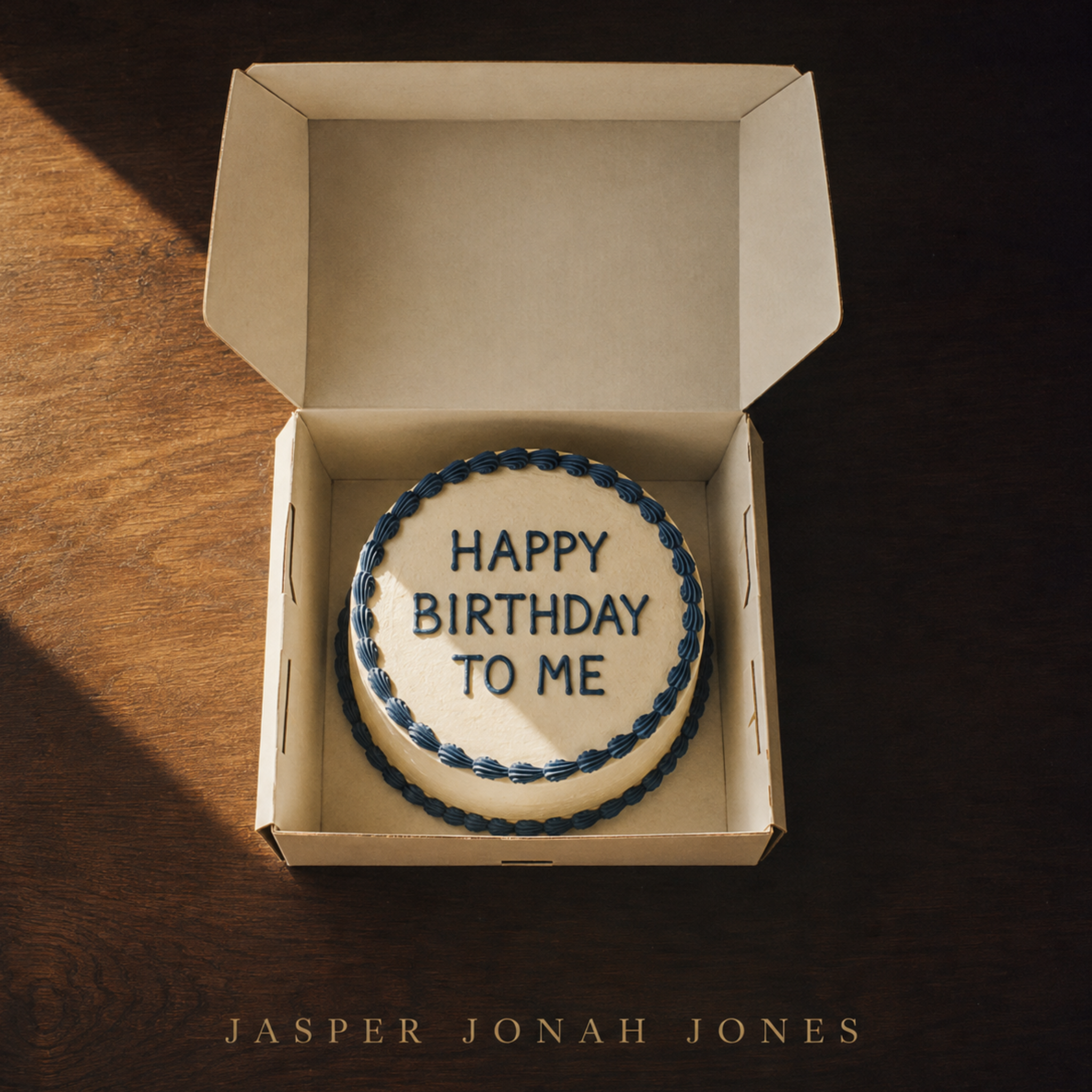 Happy Birthday to Me album cover: a birthday cake in an open box on a warm wooden table