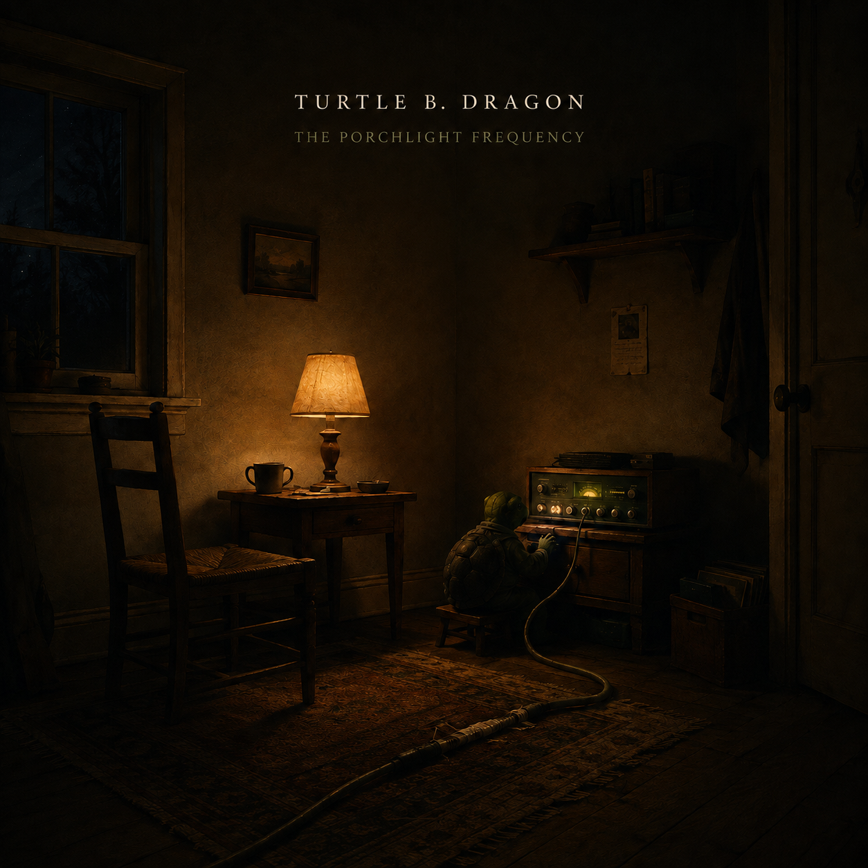 The Porchlight Frequency album cover: Turtle B. Dragon tends a radio receiver in a warm, dim room
