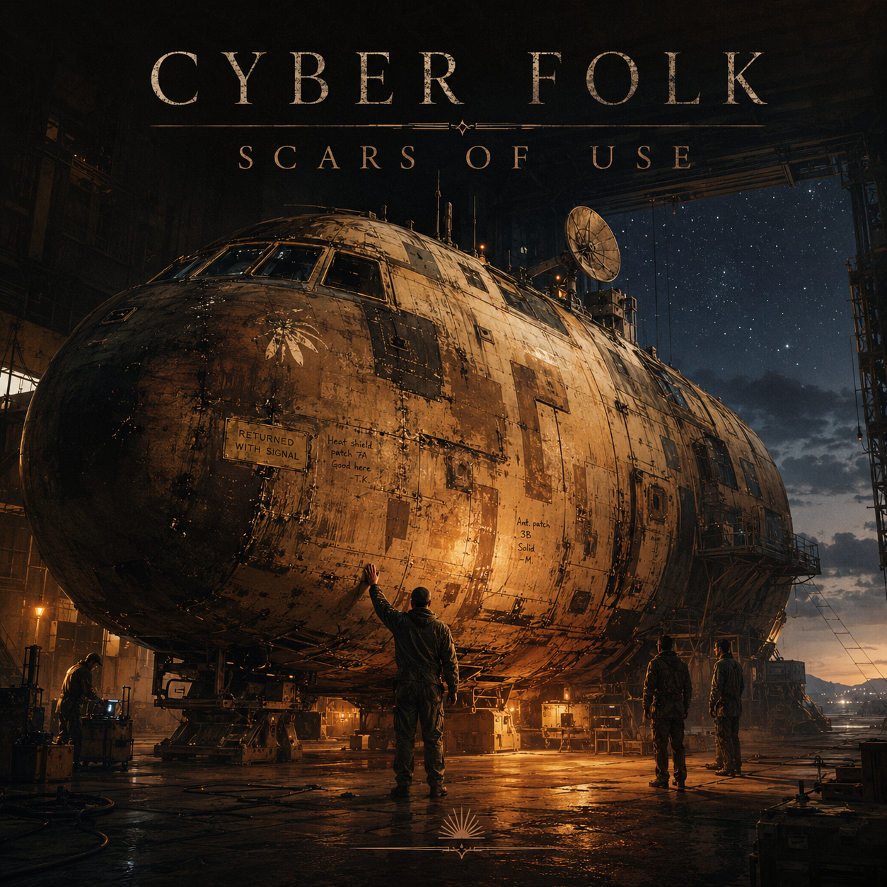 Scars of Use album cover by Cyber Folk: a weathered exploration machine returned to a warm maintenance hangar beneath cold starlight