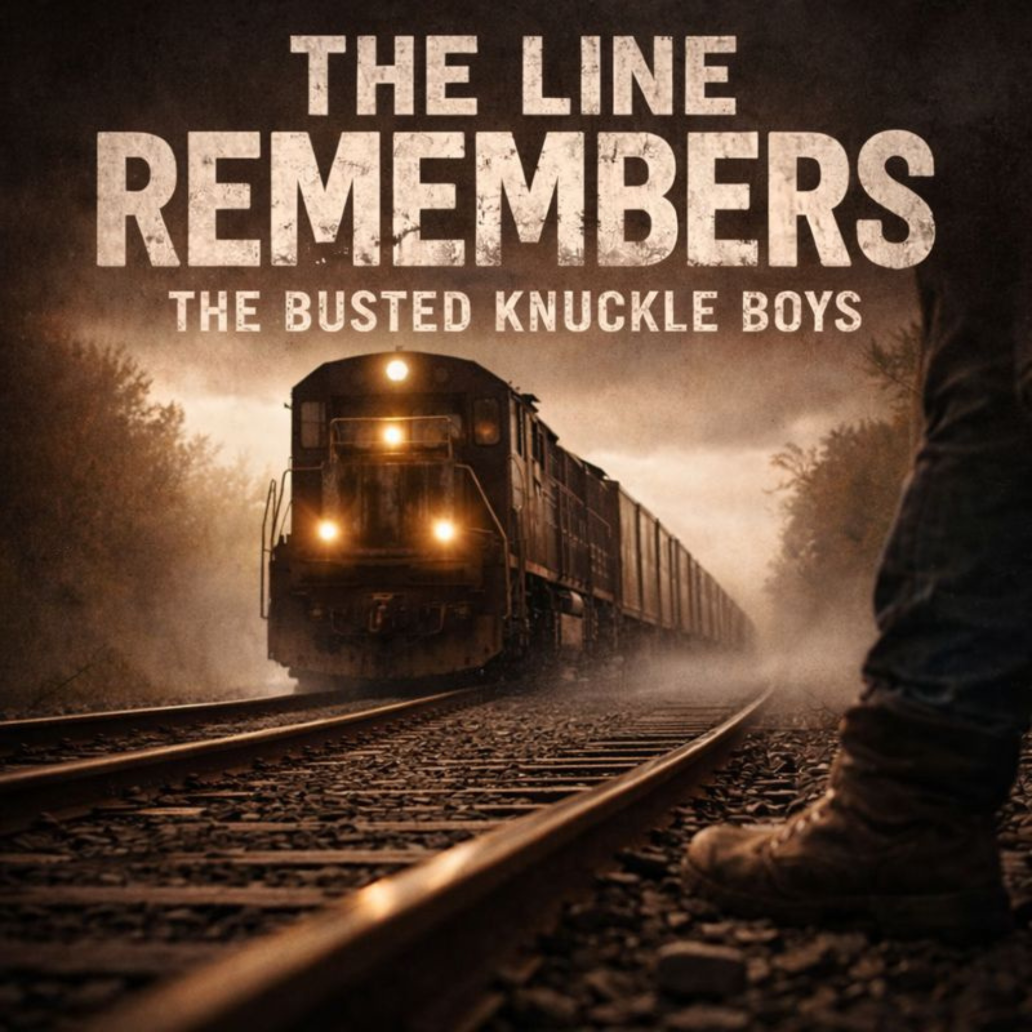 The Line Remembers album cover by The Busted Knuckle Boys: a freight train approaches through rain and trackside mist