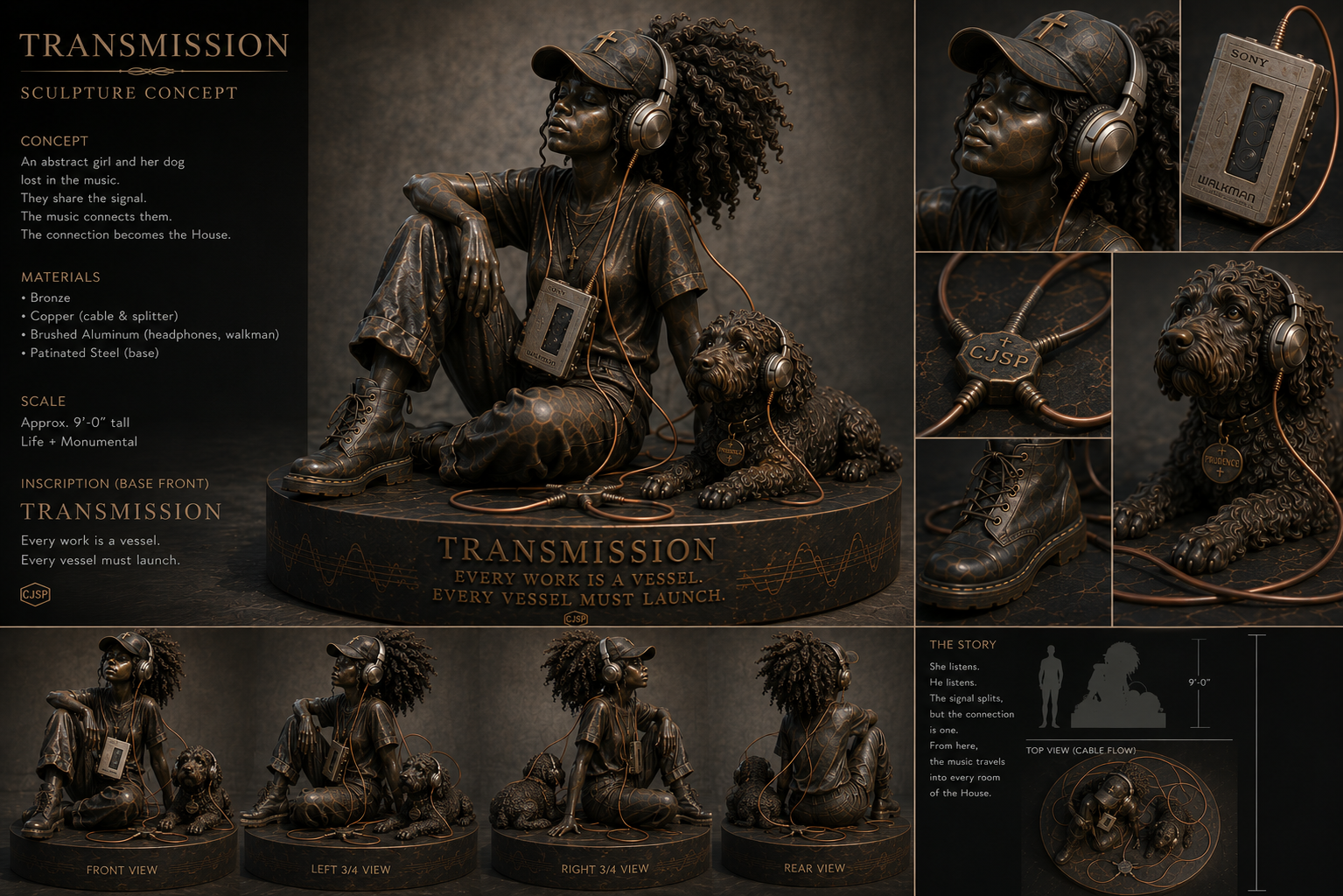Transmission sculpture concept: a monumental bronze girl and Prudence share music through headphones and a CJSP splitter